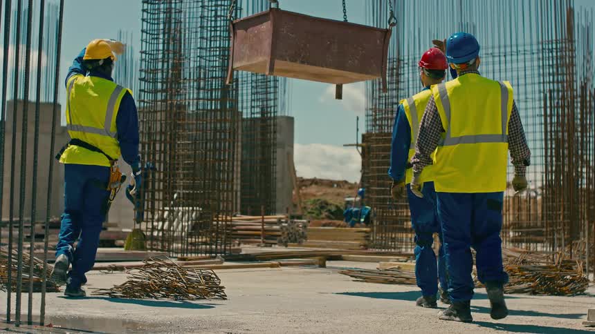 Box descending by chain and workers with helmets catching it at a construction site
