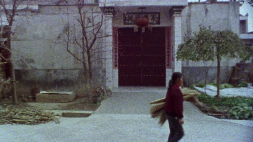 Facade of a residence in a lowlying asian neighborhood and a woman passing by on the street