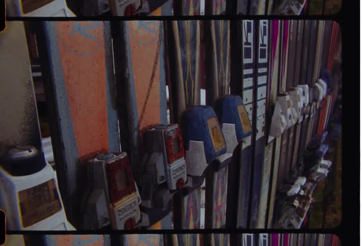 A row of skis stand up against the wall caught on vintage film
