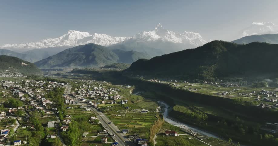 Aerial view of the city of pokhara near the mountains in nepal