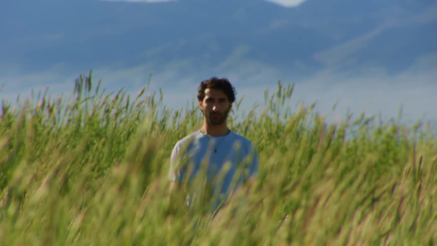 Man standing in the middle of green vegetation with the silhouette of mountains on the horizon