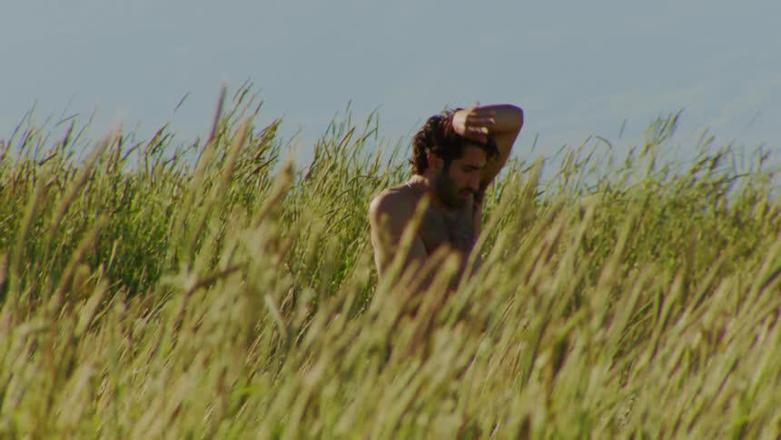 Man without a shirt dancing among green plants in a natural environment