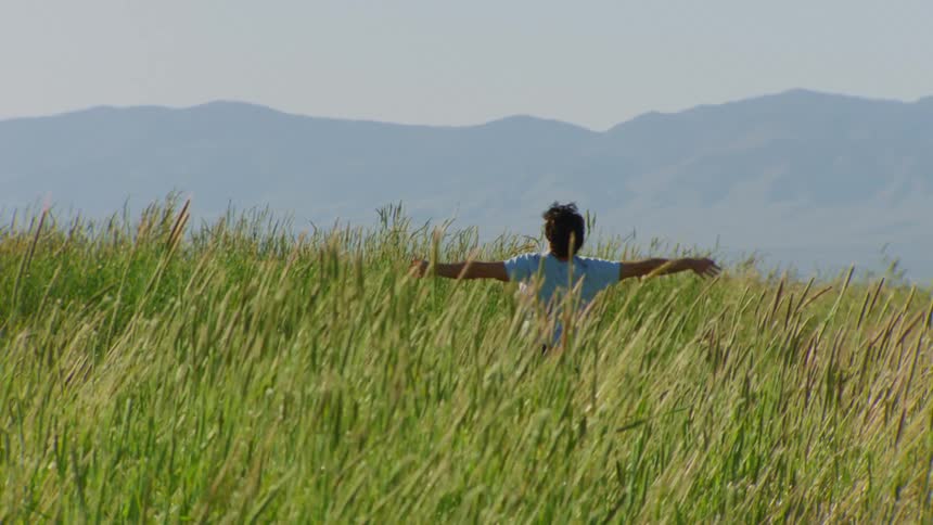 A man in a blue shirt dancing on a field of tall reeds