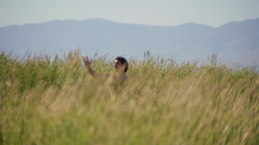 Man without a shirt dancing amidst vegetation with the silhouette of mountains on the horizon