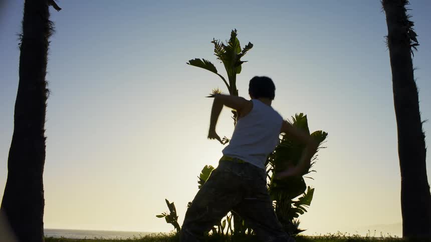 A man dancing in front of trees with the sun behind them