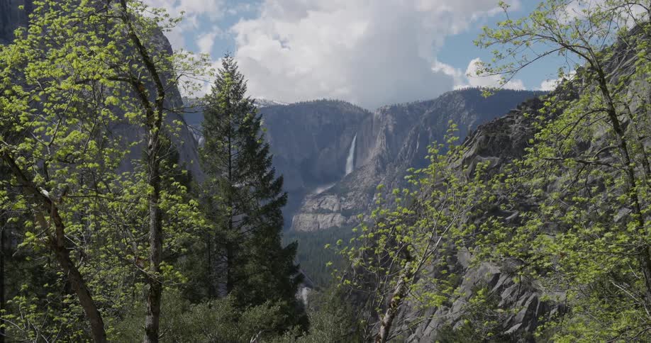 View of a waterfall in the yosemite valley nested in the mountains