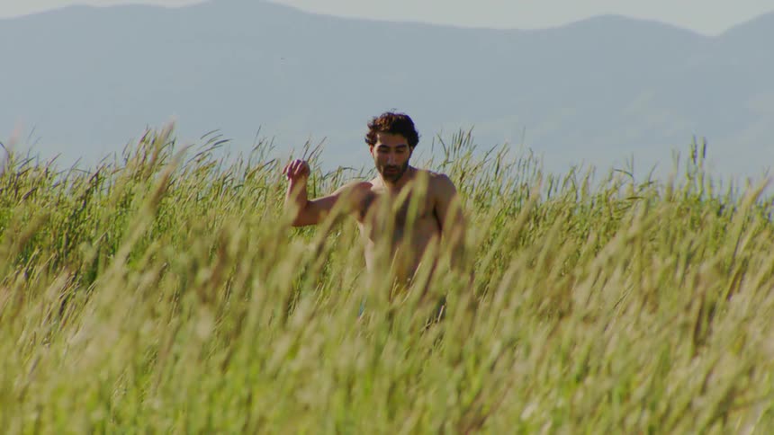 Shirtless man dancing in the middle of a field with greenish bushes during the day