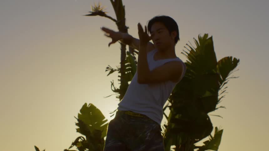Man moving his arms and dancing next to a bush against a late afternoon sun