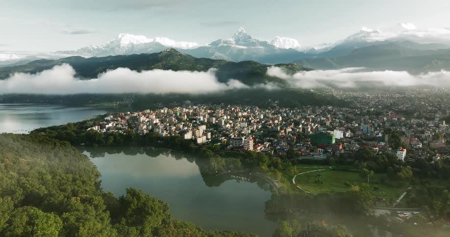An aerial view of the city skyline of pokhara in kathmandu nepal