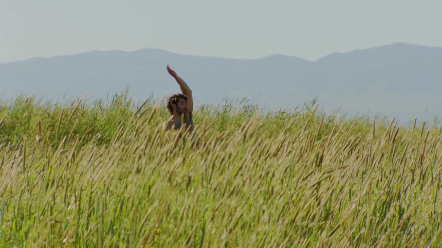 A young shirtless man dances on a field of tall grass on a sunny day