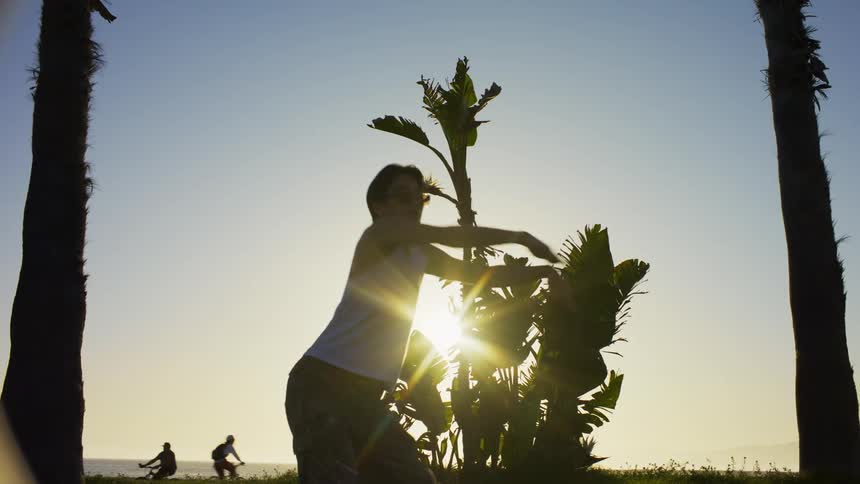 Man dancing next to palm trees and in the background silhouettes of people riding bikes on the beach