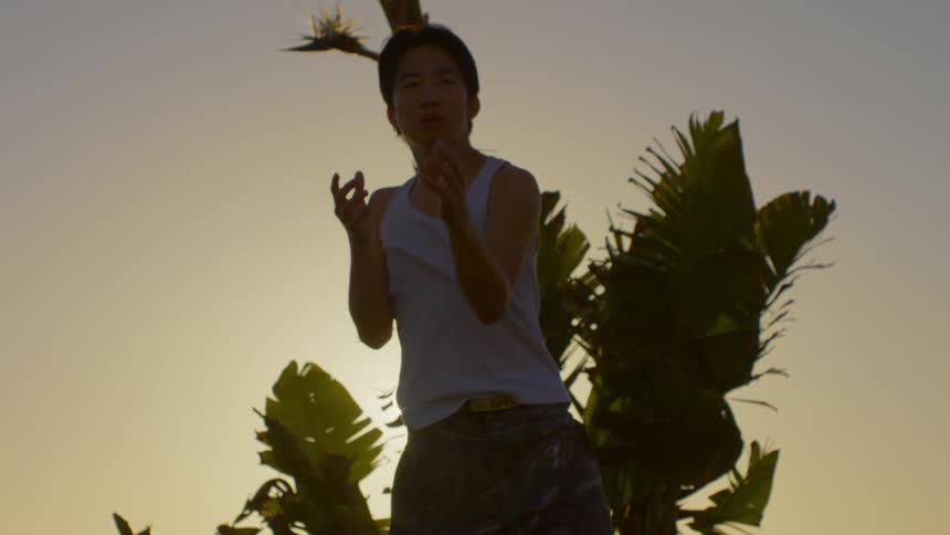 A young man dances in front of tropical plants at sunset