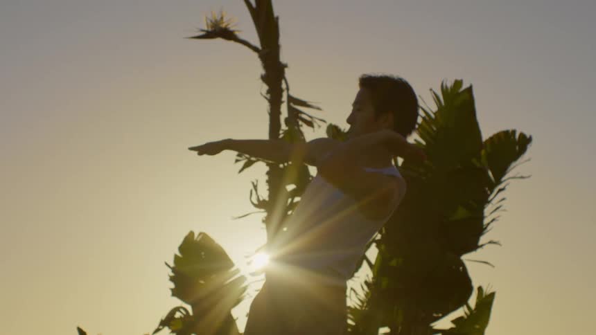 Silhouette of a young man dancing in front of tropical plants at sunset