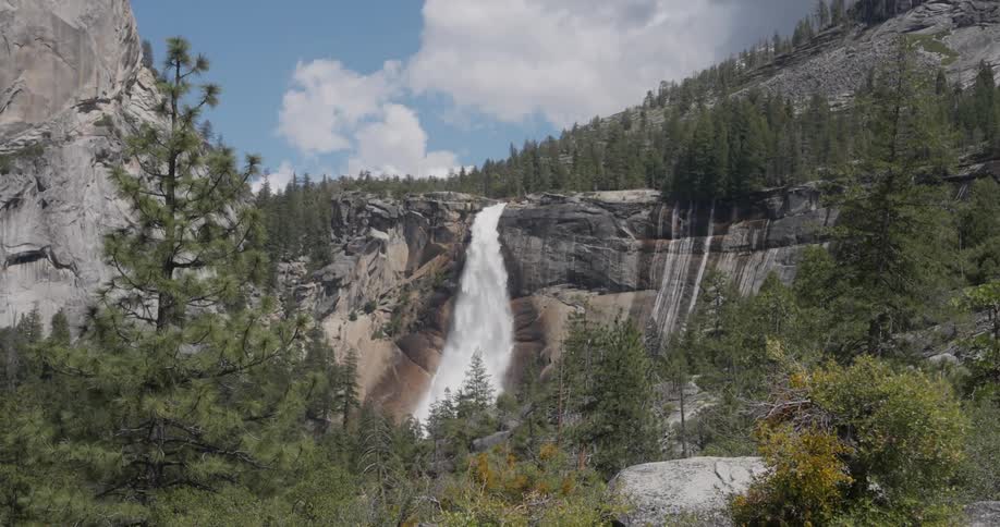 Natural landscape with a waterfall on a blue day with clouds