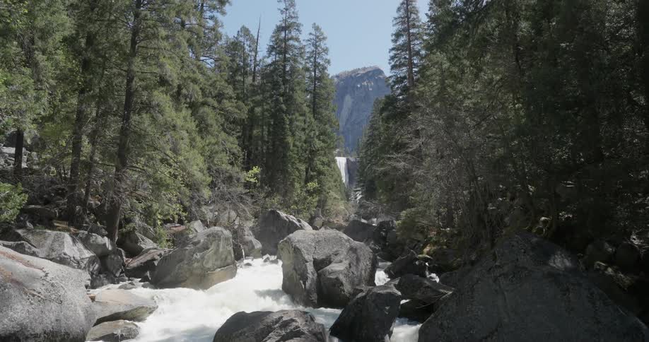 River flowing through rocks in mountains with trees around