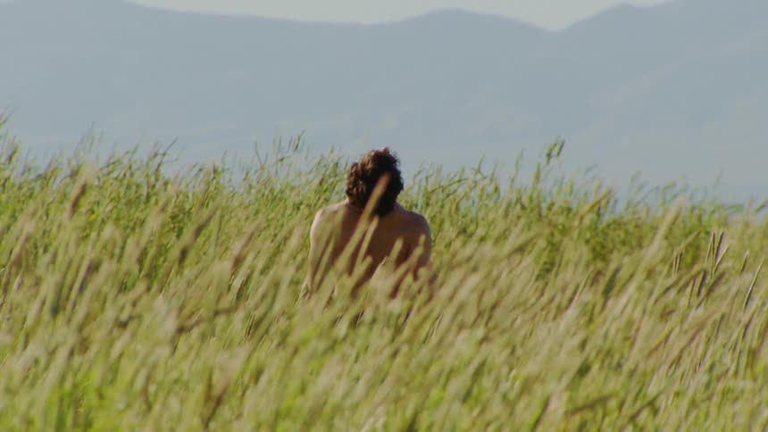 A shirtless male dancer rises from among the tall grass with mountains in the background