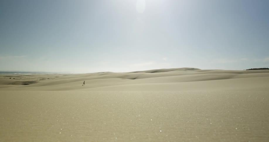 A person is walking in the distance in this barren desert