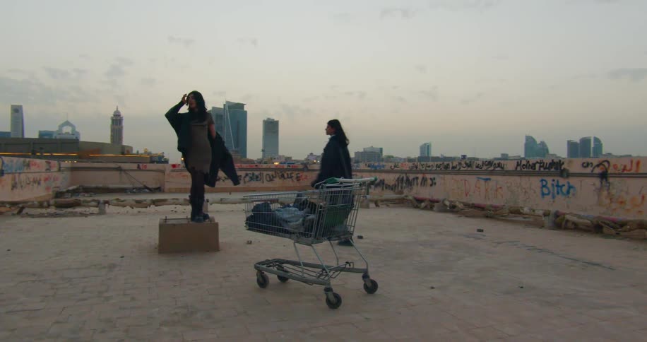 Two teenage girls goof around on a building roof