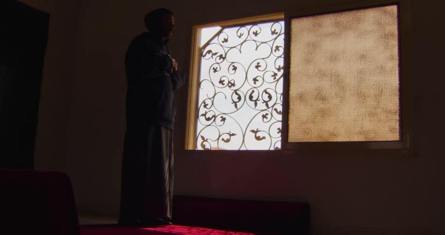 A silhouette of an individual stands next to a window with ornate grills