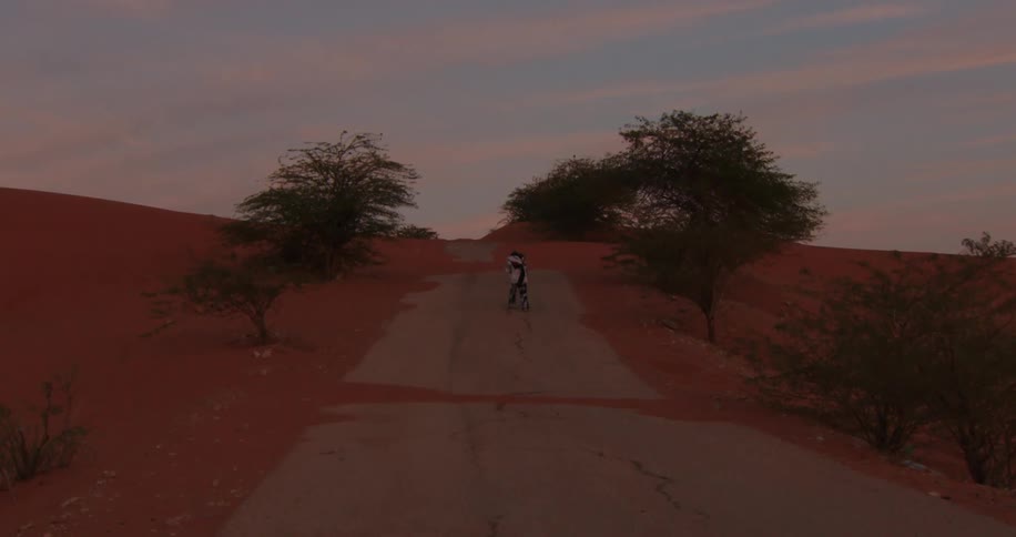 A person is walking up the desert road