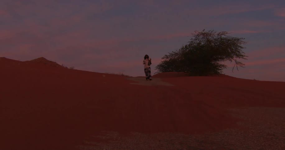 Man in the late afternoon and purple sky walking through the desert