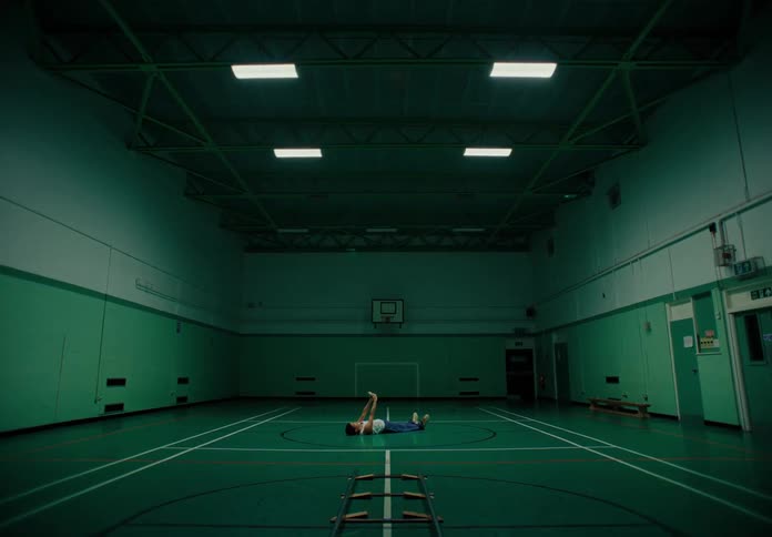 A man wearing a white undershirt and pants lies on the ground taking a selfie with a smartphone on a basketball court