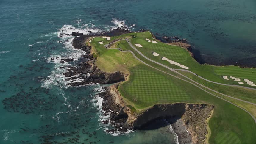 An aerial view of the pebble beach golf links in pebble beach ca