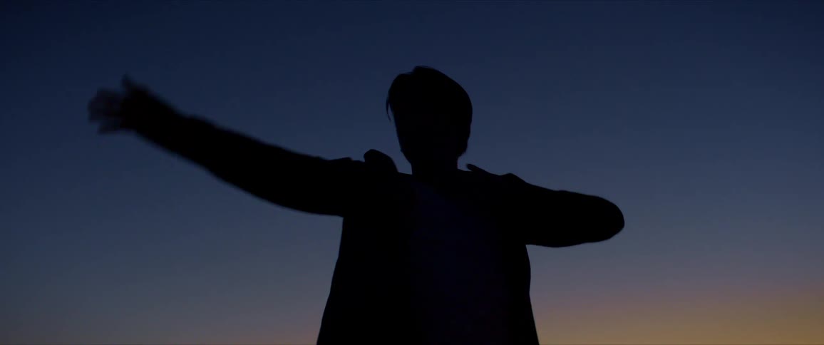 Torso of a person dancing in silhouette against a blue and reddish sky