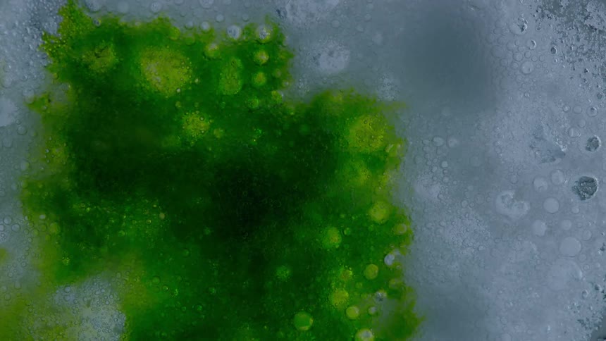 Close-up of liquids merging and turning green