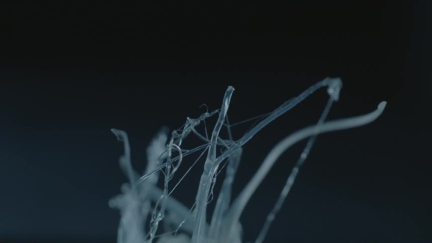 Some melted plastic strands blow in a breeze