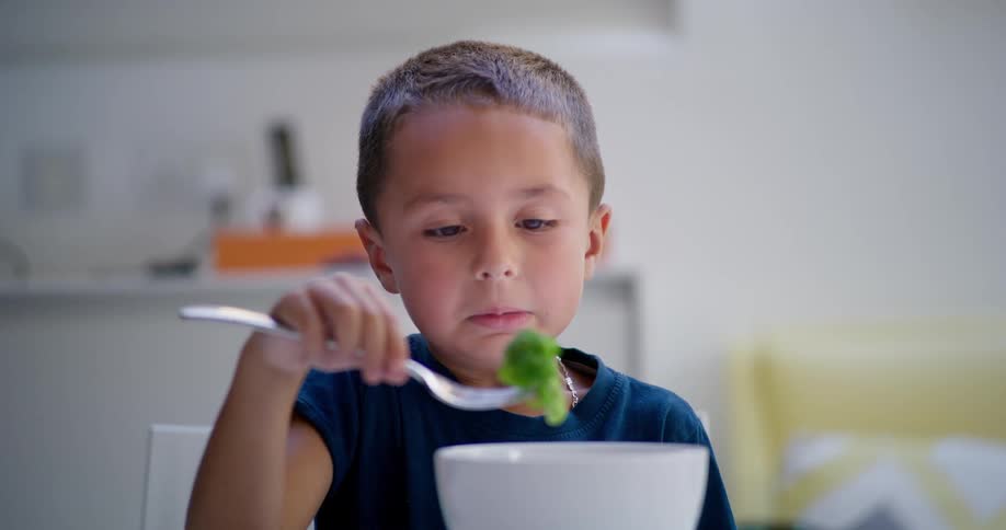 A little boy grimaces while looking at a piece of broccoli on the end of his fork