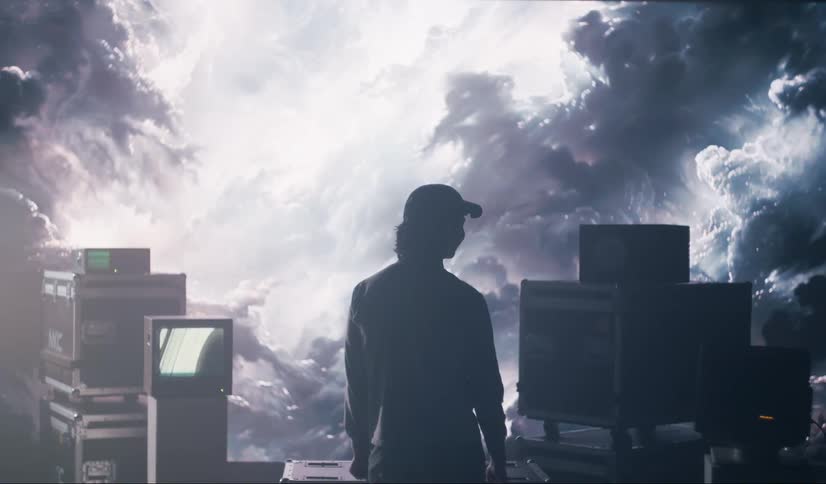 A person standing near a large screen with a video playing with monitors and speakers nearby