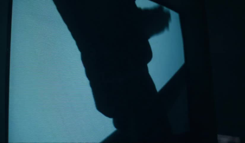 Men pose in video playing on television screen