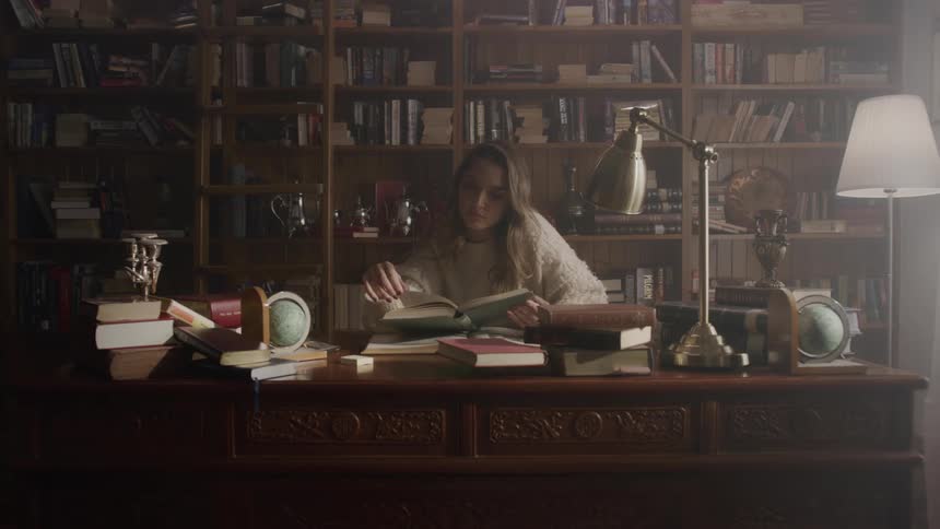 A woman sitting at a table and is reading a book and behind her there is a shelf full of books