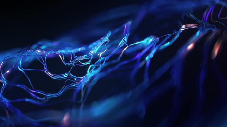 Intricate glowing blue filaments intertwine in a mesmerizing pattern resembling a network of neural connections against a dark background