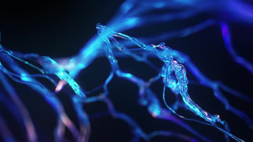 A bright blue abstract object moving against a black background