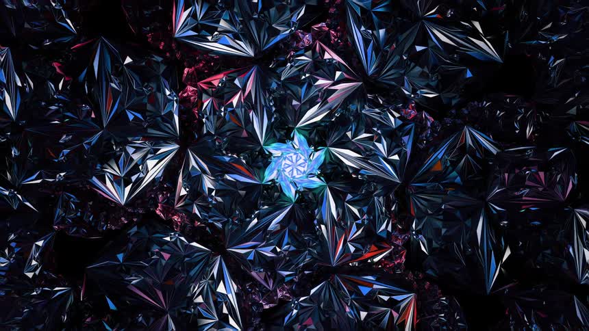 A complex crystalline structure with sharp angular facets radiates with a spectrum of dark hues and subtle highlights
