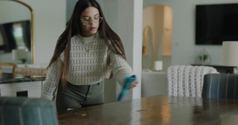 A young woman using a cloth to clean a living room table