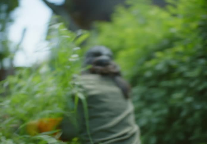 Cheerful woman removing green plants in a yard