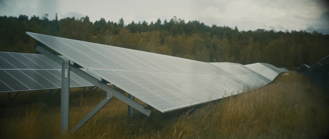 Solar panels sit among tall grass in a field bordering the woods on a cloudy day