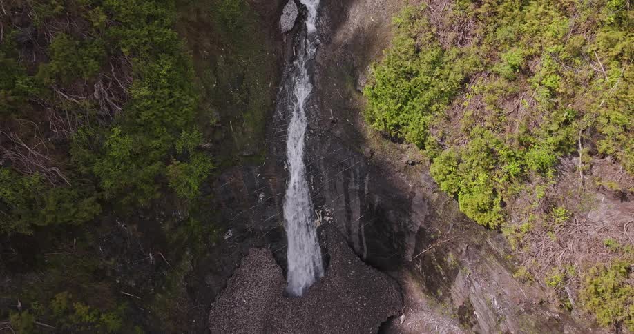 Aerial view of a waterfall cascading down a rocky cliff
