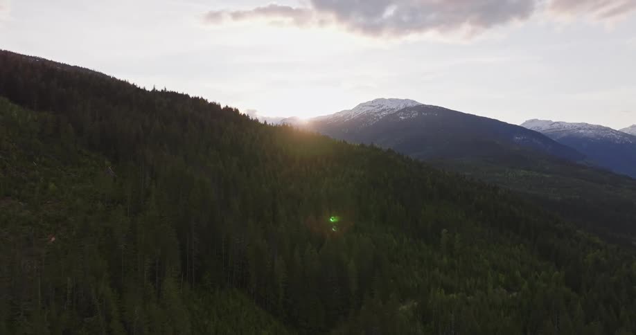 Aerial view of a forested mountain range landscape