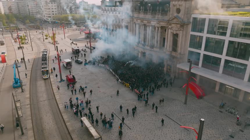 An aerial clip of a protect turn riot