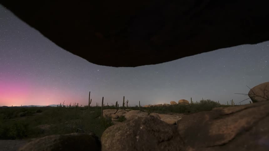 A desert landscape at twilight with numerous cacti and boulders