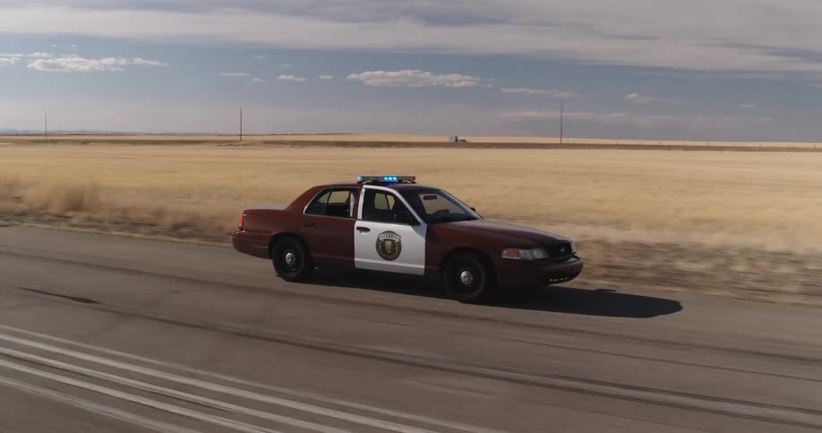 Police car moving on a road that stretches to the horizon in an open field