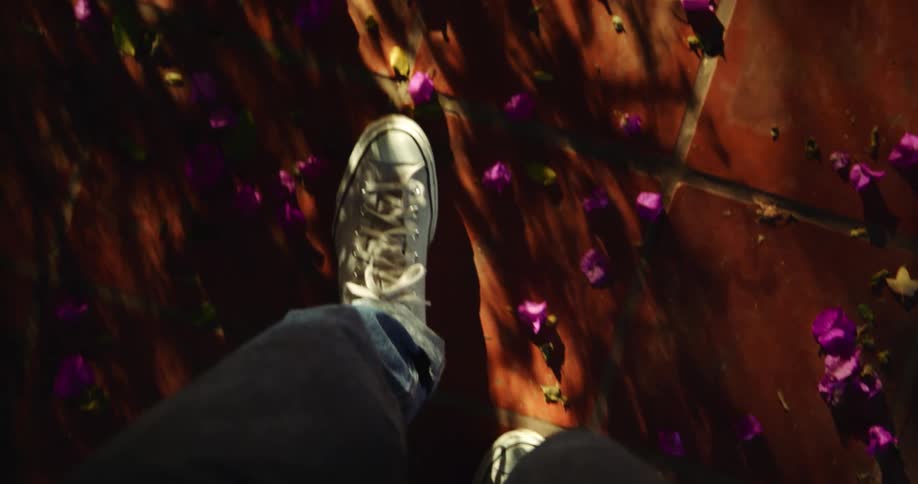 Close up of a pair of legs in jeans and sneakers walking over a floor covered in flowers