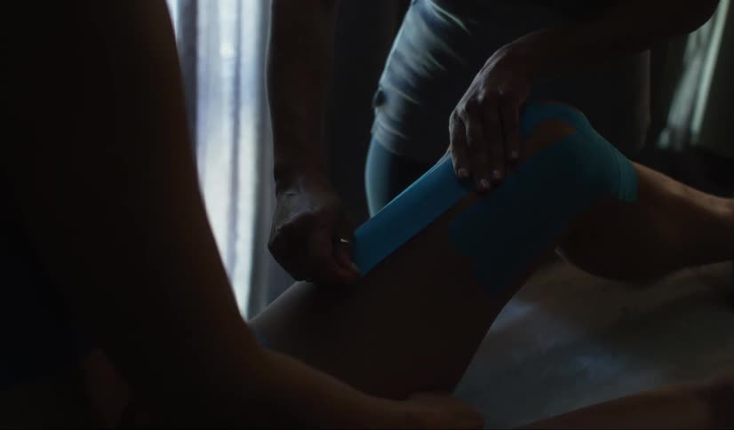 A close up of a person giving a massage on another persons leg in a dimly lit room