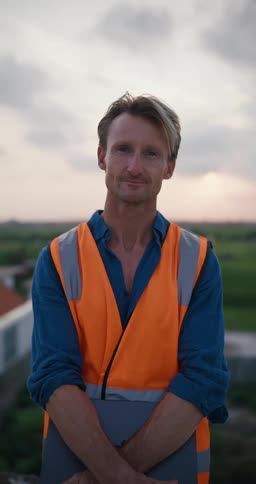 Man wearing an orange vest in an openair environment smiling