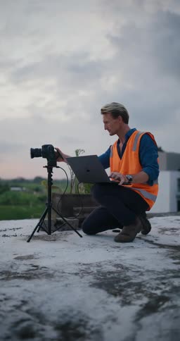 Man outdoors typing on his laptop and setting up a professional camera on a tripod next to him