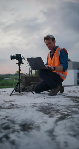 Man using a laptop on a roof and a camera mounted on a tripod next to it